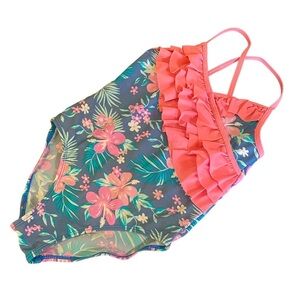 Howjojo girls swimsuit Hawaiian pink teal ruffle top one piece 5/6 hibiscus